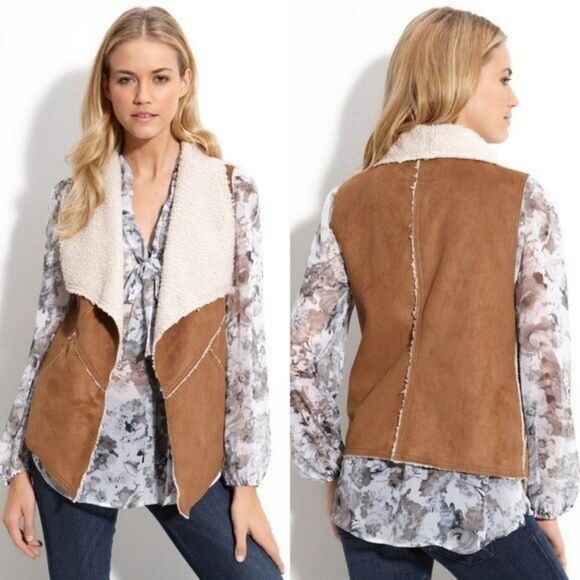 SANCTUARY Camel Faux Suede Shearling Pocket Vest - Picture 1 of 9